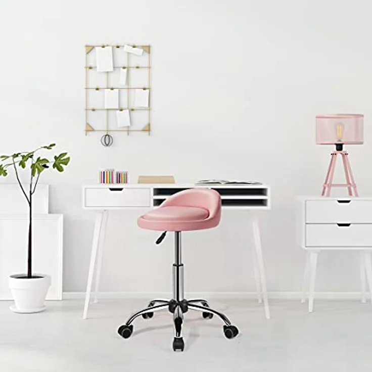 Yaheetech Rollhocker Bürohocker mit Rollen, Drehhocker mit niedriger Rückenlehne, Arbeitshocker Höhenverstellbar, Sitzhöhe 46,5-61 cm, Hellrosa – Bild 3