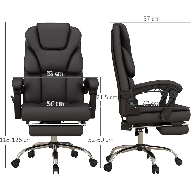 MELAYR, Bürostuhl mit 6 Massagepunkten, PU-Liegeschreibtischstuhl mit Fernbedienung, 63 x 57 x 118–126 cm, Braun – Bild 5