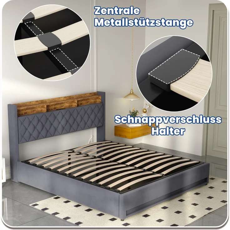 Polsterbett aus Stoff mit Lattenrost, einfaches Design, ohne Matratze, 180x200 cm, Grau – Bild 5