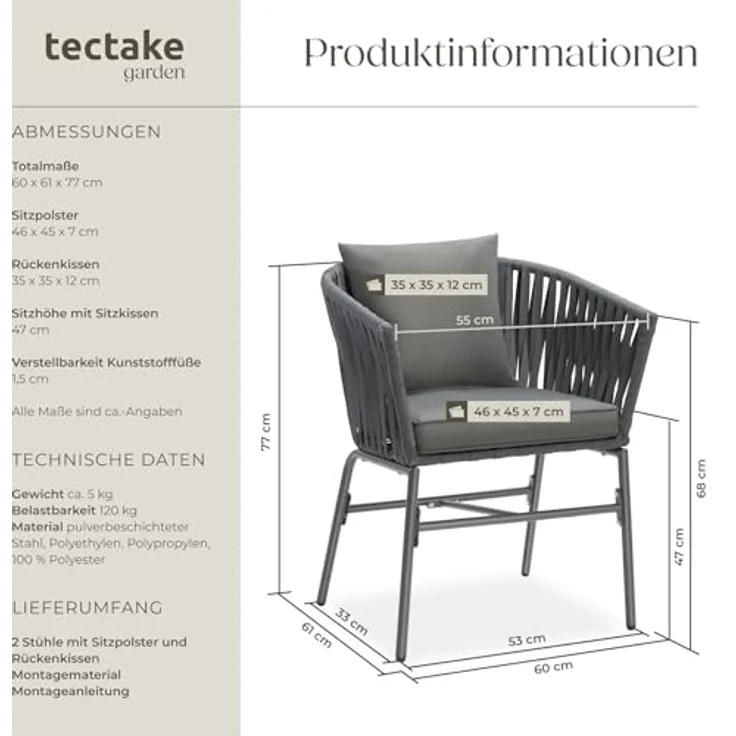 tectake® Gartenstühle Set, Geflecht-Stuhl, Gartenstuhl Rope, Stühle Outdoor, Balkon Sessel, Terrassenmöbel mit Sitzpolster und Kissen für Garten, als Terrassenstuhl, Gartensessel - 2er Set – Bild 4