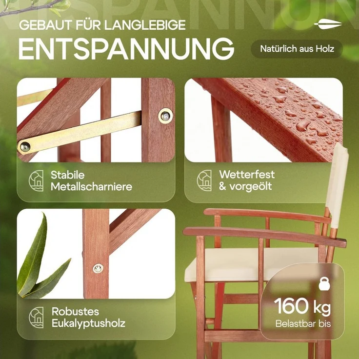 CASARIA® 2er Set Regiestuhl aus FSC® Eukalyptusholz Creme – Bild 3