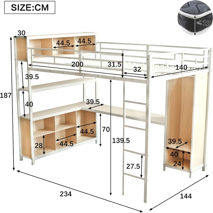 EINHOM Eisenbett, Hochbett, Doppelstöckiger Stauraum unter dem Schreibtisch, Oberes Bett mit Stauraum, Mit Kleiderschrank, Eisen + Spanplatte, Weiß+Natur, 140 x 200 cm (Ohne Matratze) – Bild 2