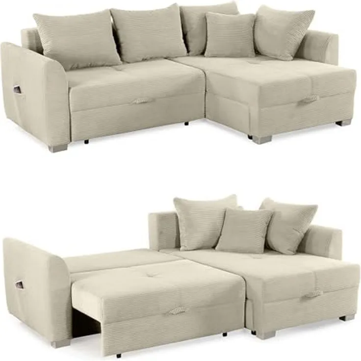 Ecksofa L-Form Couch Polsterecke Schlaffunktion Bettkasten Cord in Beige Grau