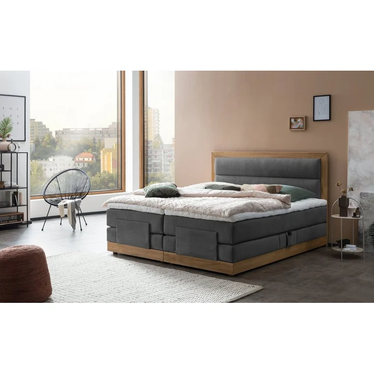Belanoti Boxspringbett MODELA (Boxspringbett 160x200 elektrisch verstellbar Bett 160x200 mit Motor, 7-Zonen Taschenfederkern Matratze inklusive Visco Topper), in der Farbe Anthrazit H2/H3 Polsterbett Motorbett mit Eiche – Bild 2