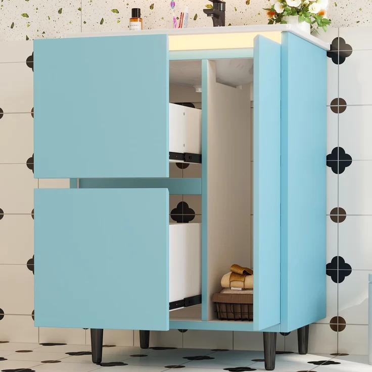 Freistehender Badwaschtisch 61 x 46,5 x 87 cm aus MDF mit Keramikbecken, blau – Bild 2