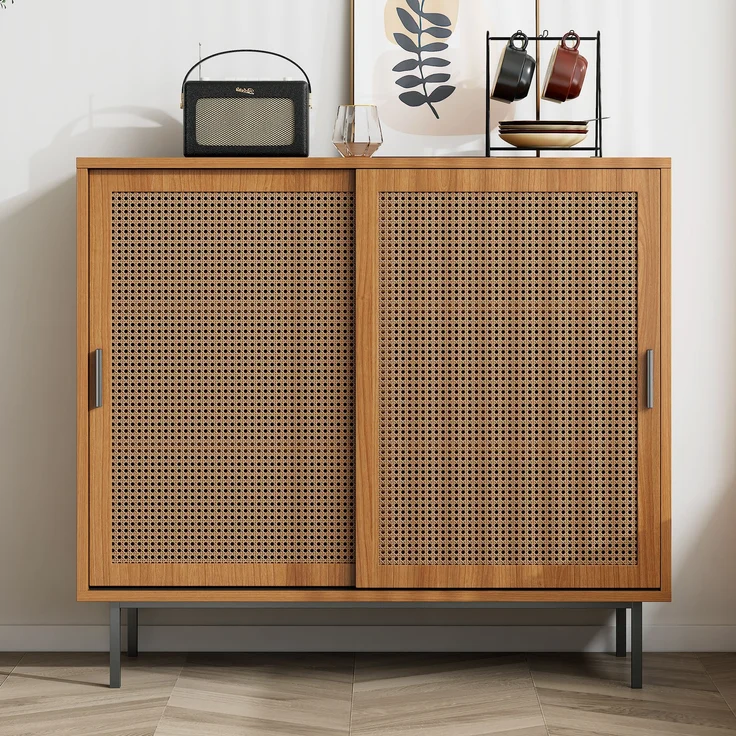 Sideboard mit Rattan-Schiebetüren, Landhausstil walnuss, 100x37x90 cm – Bild 3