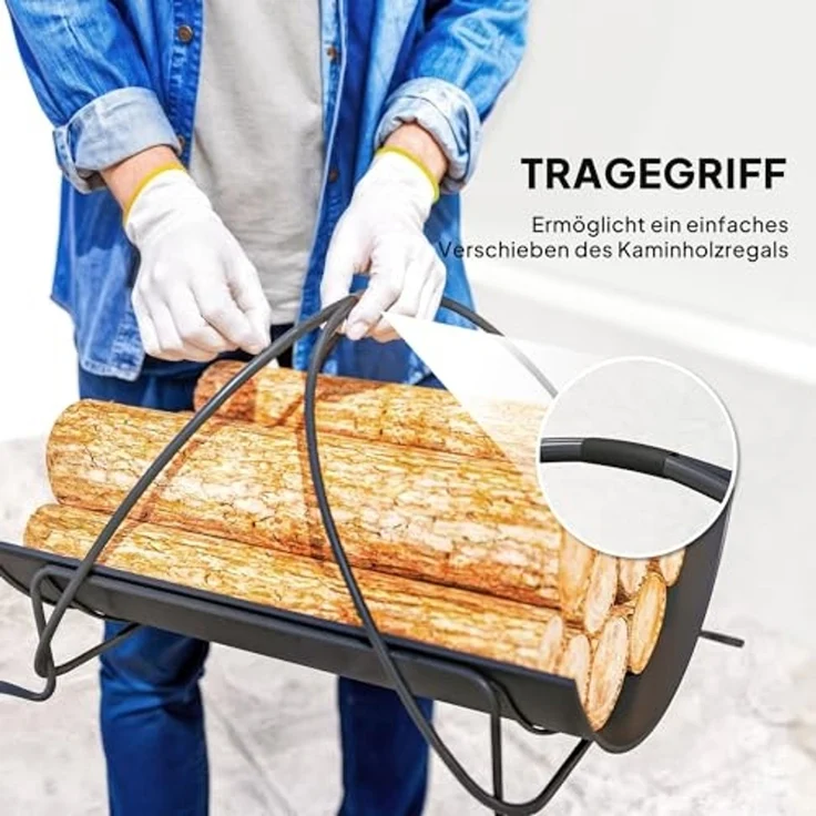 Outsunny Kaminholzregal mit Griff, erhöhte, BxTxH:38x51x33 cm, (Kaminholzständer für innen, 1-St, geometrische Brennholzregal), 51 x 38 x 33cm aus Metall, Schwarz – Bild 4