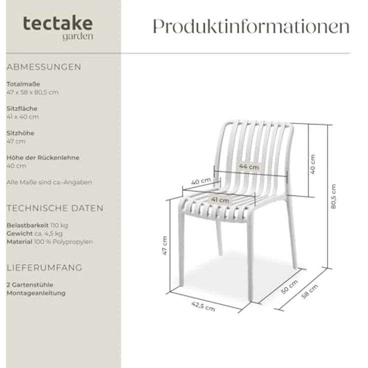 tectake Gartenstuhl Balkonstuhl, stapelbar, Belastbarkeit 110 kg, 47 x 58 x 80,5 cm (Terrassenstuhl Alcudia für Außen in Creme, 2 St), wetterfest und UV-beständig, pflegeleicht, rutschfeste Gummischoner – Bild 4