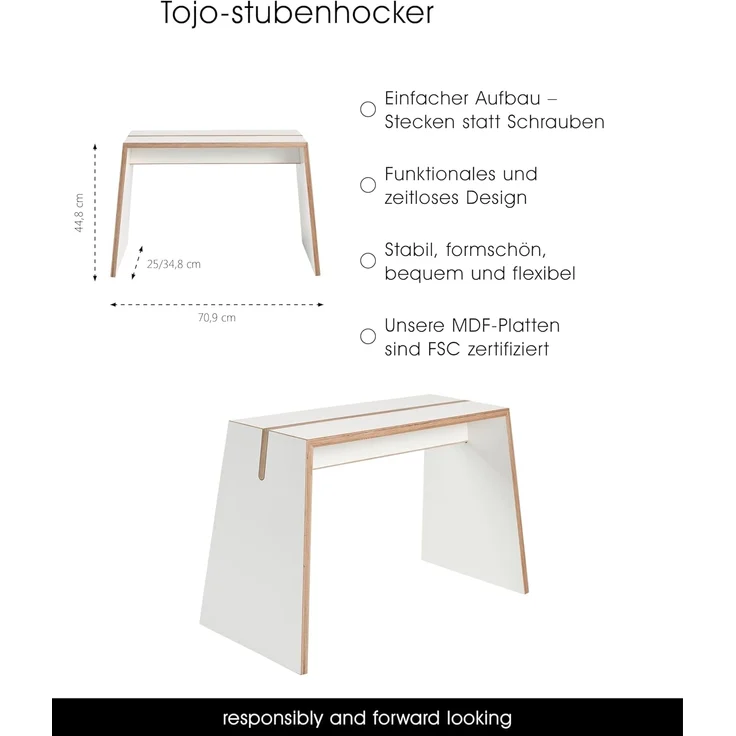 Tojo stubenhocker I Kleiner Hocker Holz 70 x 30 x 40 cm I Holzhocker Weiß I Sitzhocker für Bad, Schlafzimmer & Garderobe I Bis zu 130 kg belastbar – Bild 2