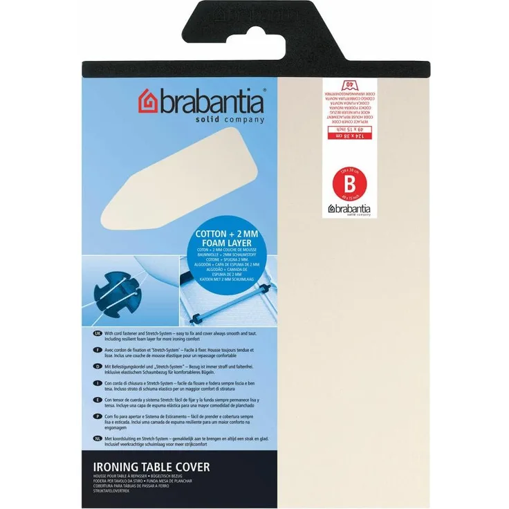 Brabantia Bügelbrett Bezug, Bügelbezug, Bügeltischbezug, Bügelbrettbezug, Baumwolle & 2mm Schaumstoff, mit Kordelzug, Größe B, 124x38 cm, Ecru, 175824