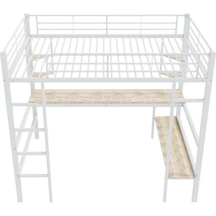 Weißes Metall-Hochbett 140×200cm mit Schreibtisch, 4 kleinen Eckregalen + großem Bücherregal, Stahl+E1-MDF, Weiß, ohne Lattenrost & Matratze, Gesamt L204 × T145 × H180 cm – Bild 7