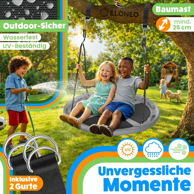 ELONEO Nestschaukel Outdoor & Indoor mit 90 oder 120 cm Durchmesser, Tellerschaukel, höhenverstellbare Hängeschaukel inkl. Kissen, Griffen und Zubehör-Set, Grau - 90cm – Bild 3