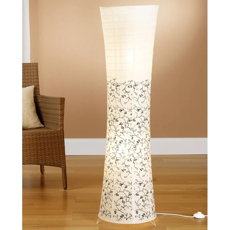 TRANGO LED Stehlampe, 1240L Design LED Stehlampe *KOS* Reispapierlampe *HANDMADE* in weiß mit floralem Motiv I inkl. 2x 5 Watt E14 LED Leuchtmittel - Form: Rund - Höhe: ca. 125cm, Wohnraumlampe – Reispapier Stehleuchte – Bild 1