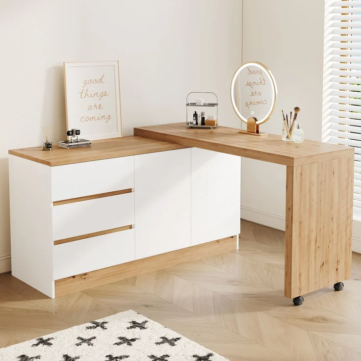 ZUBALIYA Schreibtisch mit feststellbaren Rollen – multifunktionales Design, 4 cm dickere, drehbare Tischplatte, fest arretierbar, weiß/Eiche, Faltbarer Schreibtisch, Eckschreibtisch, Sideboard,Dicke Materialie – Bild 3