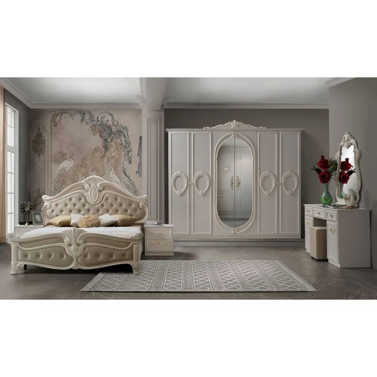 Interdesign24 Schlafzimmer-Set Aurora, (7-teilig, im klassischen Barock Stil, inkl. Bett 160 x 200 cm mit gepolstertem Kopf- und Fußteil), in Cremeweiß/Beige – Bild 1