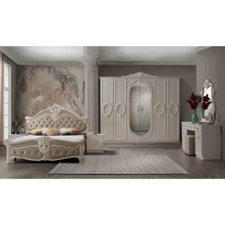 Interdesign24 Schlafzimmer-Set Aurora, (7-teilig, im klassischen Barock Stil, inkl. Bett 160 x 200 cm mit gepolstertem Kopf- und Fußteil), in Cremeweiß/Beige