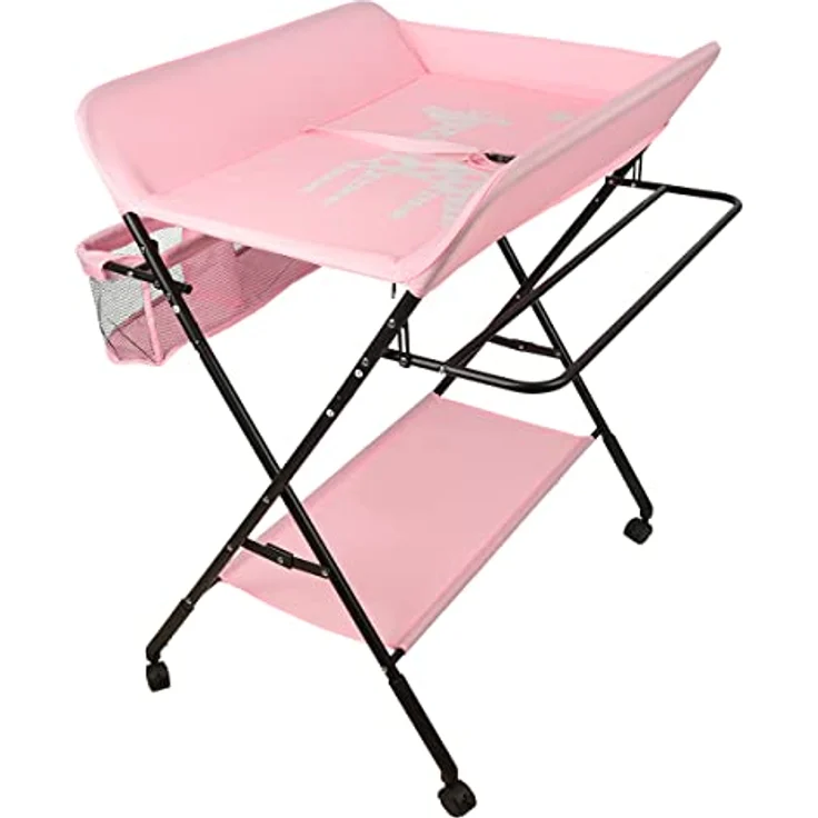 Baby Wickelkombi Klappbare Wickelkommode,Wickeltisch mit Rollen,Mobiler Wickeltisch mit Wickelauflage,Sicherheitsgurt und Ablagefächern-80 * 66 * 98cm (dunkelrosa) – Bild 2