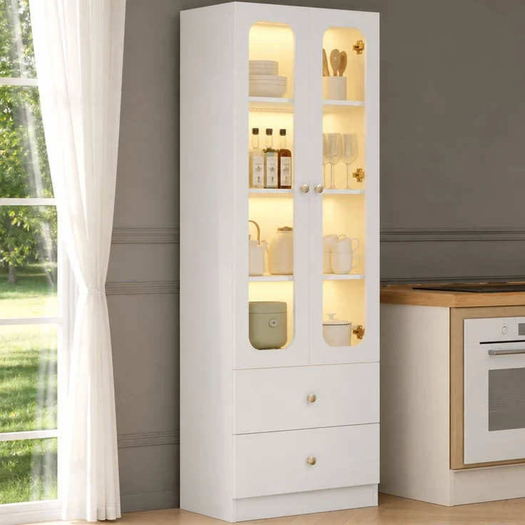 ZUBALIYA Glasvitrine, Küchenschrank, Aktenschrank, Sammelfiguren-Vitrine, 4 Ebenen Spielzeugschrank mit 2 Schubladen, LED-Leiste mit RGB-Farbwechsel per App steuerbar, goldene Metallgriffe, weiß, 60x35x170 cm – Bild 3
