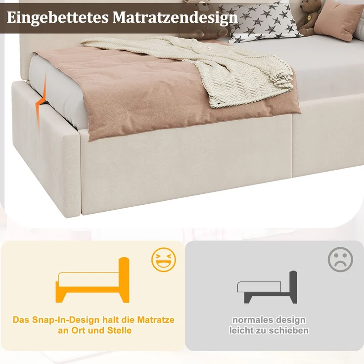 Merax Einzelbett, Kinderbett, Polsterbett 90x200 cm Daybett, mit hydraulischem Stauraum Aufladen Leselampe, Samt, beige – Bild 5
