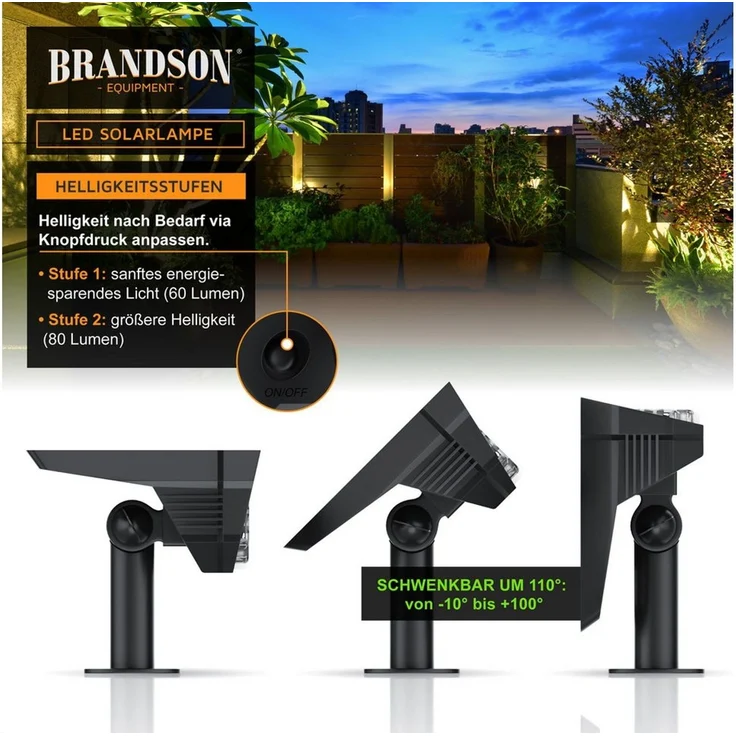 Brandson LED Gartenstrahler Solar Erdspießleuchte, Akku Gartenleuchte, Solarspotlight Wandmontage, Ein-/Ausschalter, mehrere Helligkeitsstufen, LED fest integriert, Warmweiß, Solarstrahler 80 Lumen, Solarleuchte warnweiß, für Garten, Balkon IP65 – Bild 2