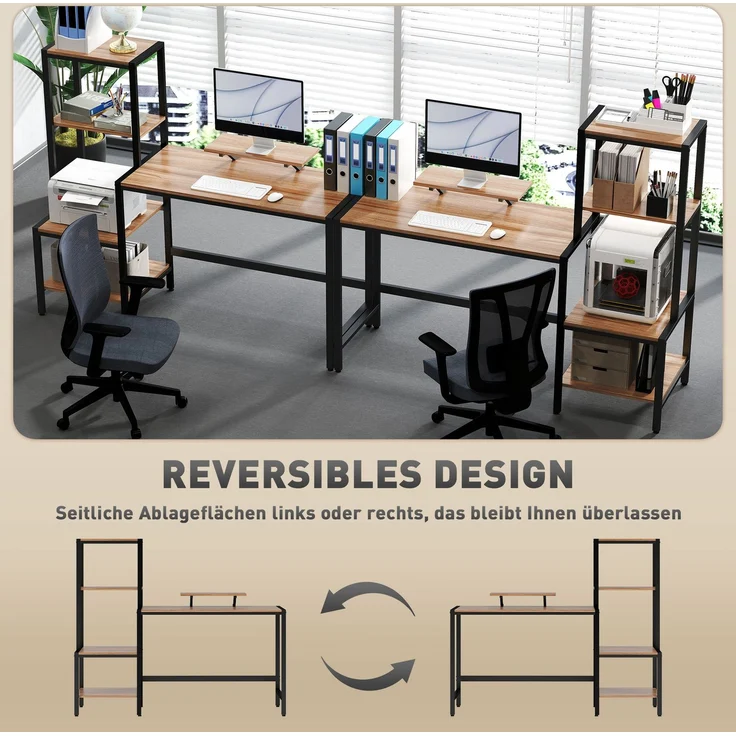 Computertisch mit Monitorständer, Schreibtisch mit 4-stufigem Regal, Industrielles Design, Braun--Braun--125x48x150cm--YOUDENOVA – Bild 6