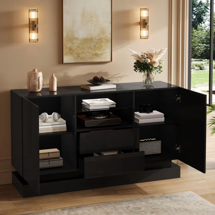 ZUBALIYA Sideboard 140x40x80 cm, mit LED-Beleuchtung, Hochglanz, mit 2 Türen, aus Spanplatte, Schwarz – Bild 9