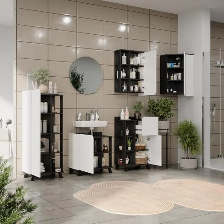 Vichy Badmöbelset Karen, 5-teilig, anthrazit/weiß, inkl. Waschbeckenunterschrank und Badspiegel mit Ablageflächen – Bild 7