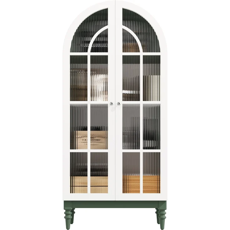2-set Bogen-Vitrinenschrank 165cm mit Riffelglas-Doppeltüren, 3 Einlegeebenen, 2 Farben (Dunkelgrün+Weiß)--Grün--76x38.5x165cm--YOUDENOVA – Bild 10