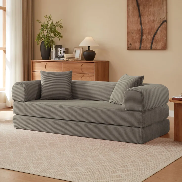 Schlafsofa in Taupe mit Veloursbezug und Kaltschaum, modular, ohne Aufbau,59 x 195 x 89 cm – Bild 1