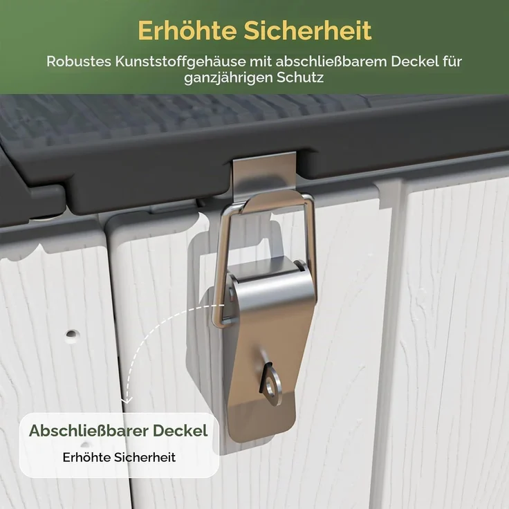 Aoxun Gartenbox aus Harz 600L,Auflagenbox Wasserdicht Außenmaße:142 x 67 x 63 cm,Wetterfest,Abschließbar,Weiß – Bild 6