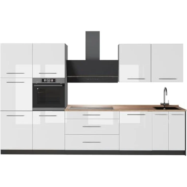 Küchenzeile Fame-Line Weiß Hochglanz/Anthrazit 340 cm, AP Eiche Vicco – Bild 1