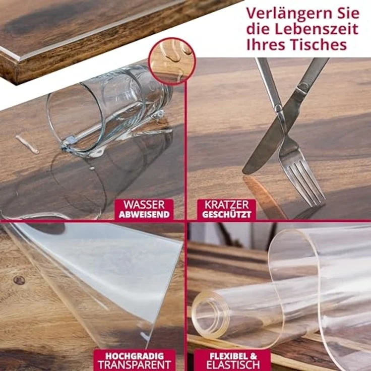DecoHomeTextil Heimtextilmanufaktur Tischdecke Transparent Schutzfolie Folie leicht mattiert Abgeschrägte V-Kante, robust, reißfest, schalldämmend – Bild 6