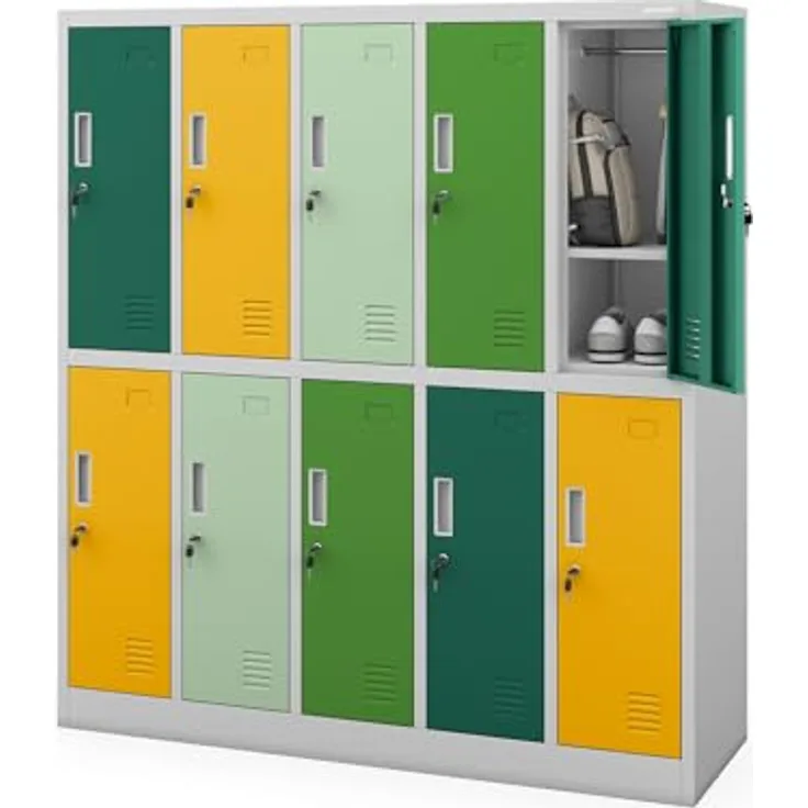 Jan Nowak Schließfachschrank Metall 10 Fächer Schulschrank 150x136x45 cm | Wertfachschrank, Garderobenschrank, Stahlspind abschließbar, pulverbeschichtet, für Schule, Kindergarten, Umkleide