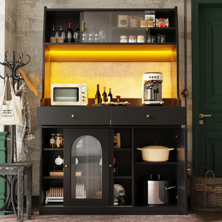 EINHOM Küchenschrank, Hochschrank, Vitrinenschrank, Buffetschrank mit Verstellbaren Ablagen, Esszimmerschrank mit 2 Schubladen, Sideboard mit LED-Beleuchtung, Variable Lichtfarben, Schwarz – Bild 5