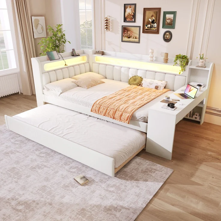 Stauraumbett mit gepolstertem Kopfteil, Schreibtisch und LED-Beleuchtung (140x200cm, Lattenrost, Regal, Gästebett, USB und Type-C), Doppelbett – Bild 1