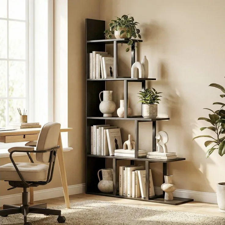 Luckice Bücherregal Offenes Bücherregal als Raumteiler, 5-stufiges Treppenregal, im Industrie-Design, Multifunktionales Standregal für Wohn- und Arbeitsbereiche, Schwarz, 102 x 30 x 160 cm