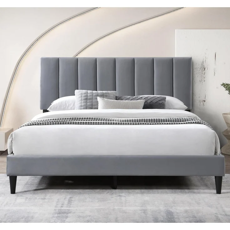 Home Collective Polsterbett 140x200 & 160x200 cm mit Lattenrost und weichem Bezug, Bettgestell (Doppelbett mit gepolstertem Kopfteil, robustes Gestell, hoher Liegekomfort), vertikaler Steppung, 140x200 cm, Grau – Bild 1
