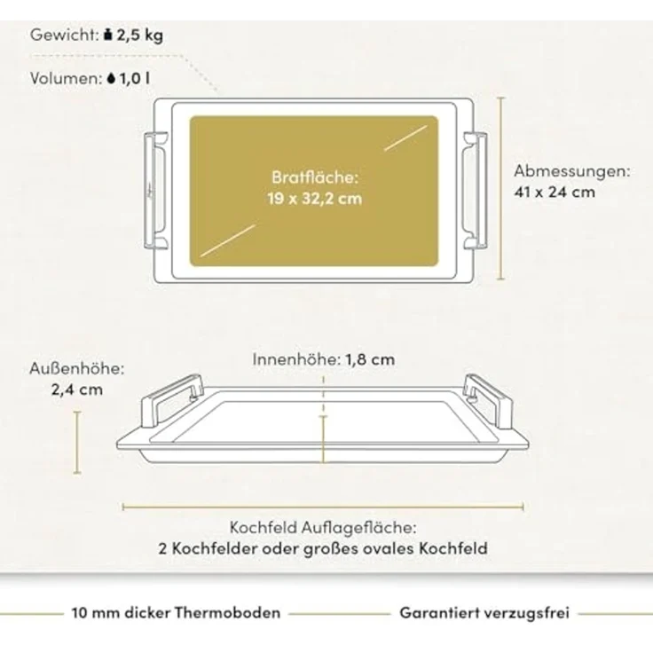 Hoffmann Germany Teppanyakiplatte Grillplatte Aluguss eckig 41x24 cm mit Griffen – Made in Germany, Aluguss (1-tlg, 1x Teppanyakiplatte 41x24 cm + Silikon-Füße), Teppanyaki, Antihaft, backofenfest bis 240°C, Induktion – Bild 2