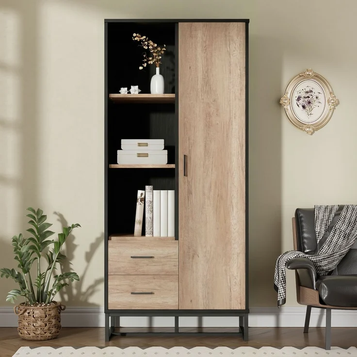 Moderner Highboard Schrank 80x40x180 cm – Holzoptik mit schwarzem Rahmen, mit Tür, 2 Schubladen & 3 offenen Fächern – Vielseitiger Stauraum für Wohnzimmer, Büro & Flur--Schwarz, Holz--80x40x180cm--YOUDENOVA – Bild 6