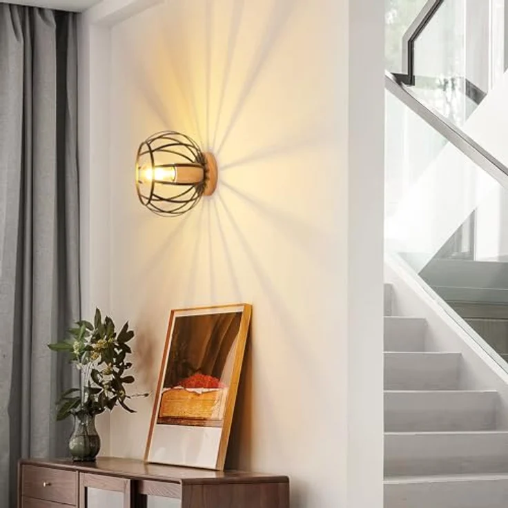 Comely Deckenleuchte Vintage, Industrial Deckenlampe Metall in Käfigform, Retro Kronleuchter E27 für Schlafzimmer, Wohnzimmer, Eingang, Flur (Schwarz+Holz) – Bild 4