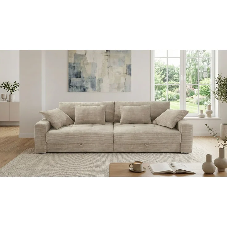 Big-Sofa 284 cm breit Wellenunterfederung Lounge-Couch Stauraum Cord Beige Grau – Bild 2