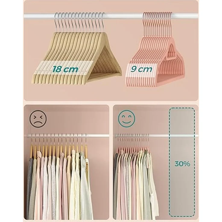 SONGMICS Kleiderbügel Samt, 50er Set, Bügel, rutschfest, kleine Stange für Krawatten, 360° drehbarer Haken, 0,6 cm dick, platzsparend, 43,5 cm lang, für Mäntel, Hosen, Roségold-Hellrosa CRF21PK50 – Bild 4