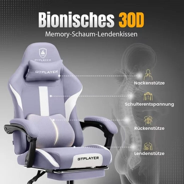 GTPLAYER Gaming-Stuhl Stoff, Racing Gamer Stuhl, Ergonomischer Gaming Sessel Gaming Chair, Schreibtischstuhl, Federsitzkissen mit Fußstütze, Lila – Bild 3