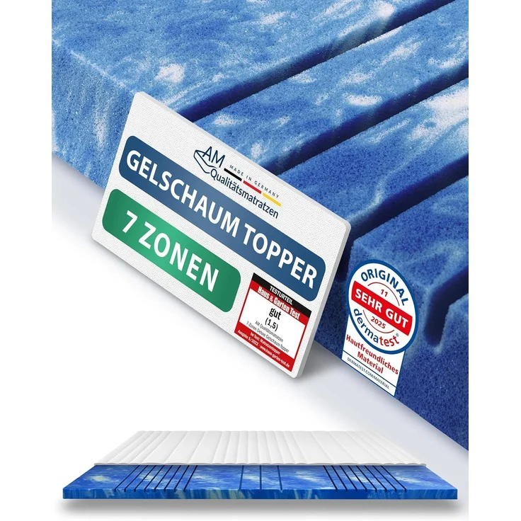 AM Qualitätsmatratzen | 7-Zonen Deluxe Gelschaum-Topper 140x220 cm - 8 cm Höhe