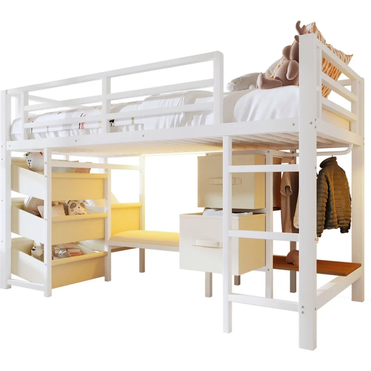 90*200 cm, Halbhohes Bett, mit Sitzkissen, Stoff-Stauraumschublade, Stoff-Stauraumtasche, mehrfarbiger LED-Beleuchtung, Kleiderhakenbereich, Metall, ohne Matratze, Weiß – Bild 7