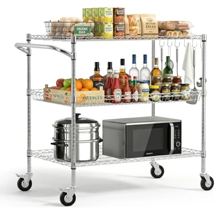 VEVOR Küchenwagen mit 3 Ebenen, Schwerlast-Servierwagen bis 454 kg, Rollwagen mit Höhenverstellbaren Drahtablagen und Griff, Metallregal auf Rollen für Küche, Garage & Waschküche, 1016 x 635 x 1040 mm – Bild 1