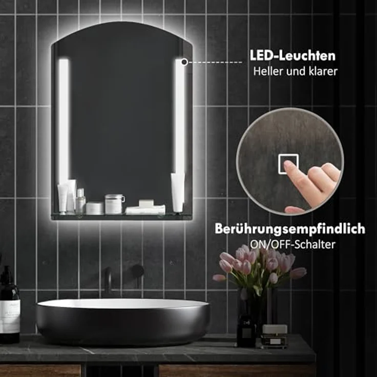 HOMCOM kleankin Badspiegel mit LED-Beleuchtung, 50 x 70 cm, Touchschalter, Glasablage, Memory-Funktion, 3 Lichtfarben, Silber – Bild 4