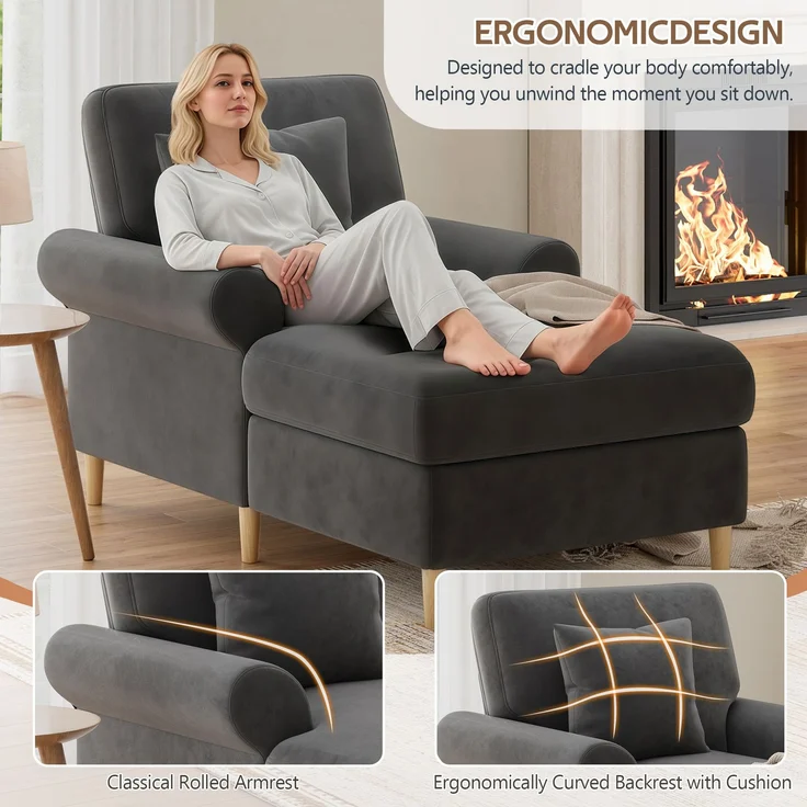 Gepolsterter Relaxsessel, klappbarer Schlafsessel aus hochwertigem Samt, XXL Einzelsessel für Wohn- und Schlafzimmer, Grau, Maße B133 × T87 × H90 cm – Bild 5