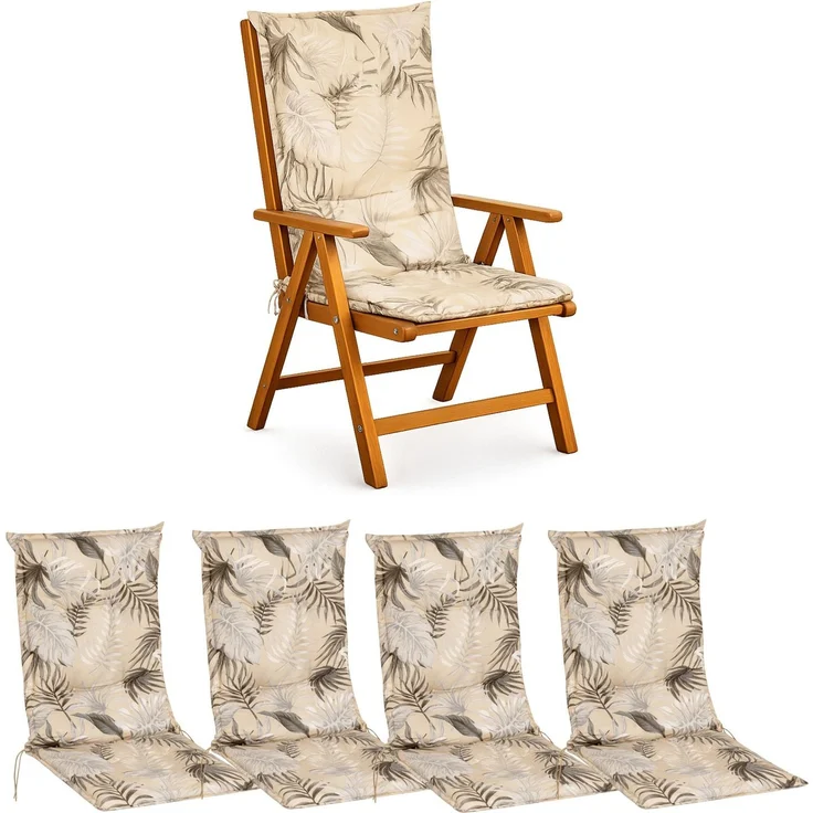 BURI 4x Hochlehner Auflage 117x49x6 cm - wetterfeste Gartenstuhlauflage mit Schaumkern & Vollvlies, Halteband & Bindebänder, bequemes Stuhlpolster für Balkon, Terrasse & Garten (Beige-Blätter) – Bild 1
