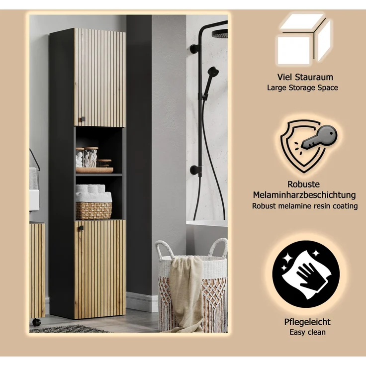 Badezimmer Hochschrank Bliss in Evoke Eiche und grau 40 x 186 cm – Bild 9